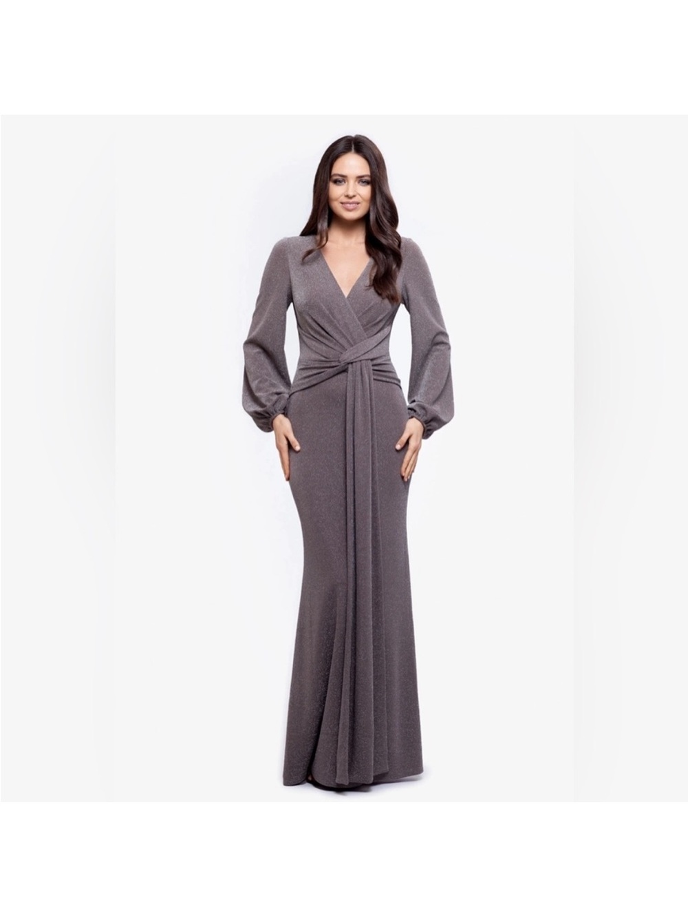 Betsy & Adam Slate Taupe Long-Sleeve Wrap Gown